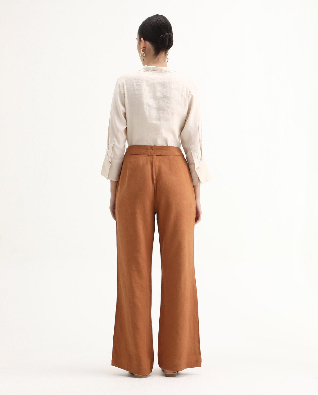 Rareism Women's Rica Pastel Orange Cotton Linen Plain Ankle Length Regular Fit Trouser