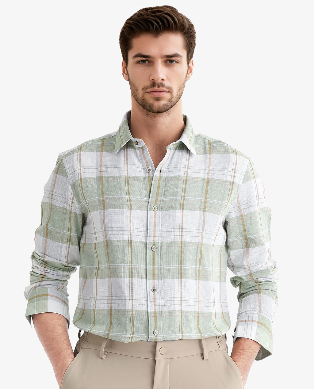 Rare Rabbit Men's Riga Green Cotton Checked Print Regular Fit Full Sleeve Collared Shirt