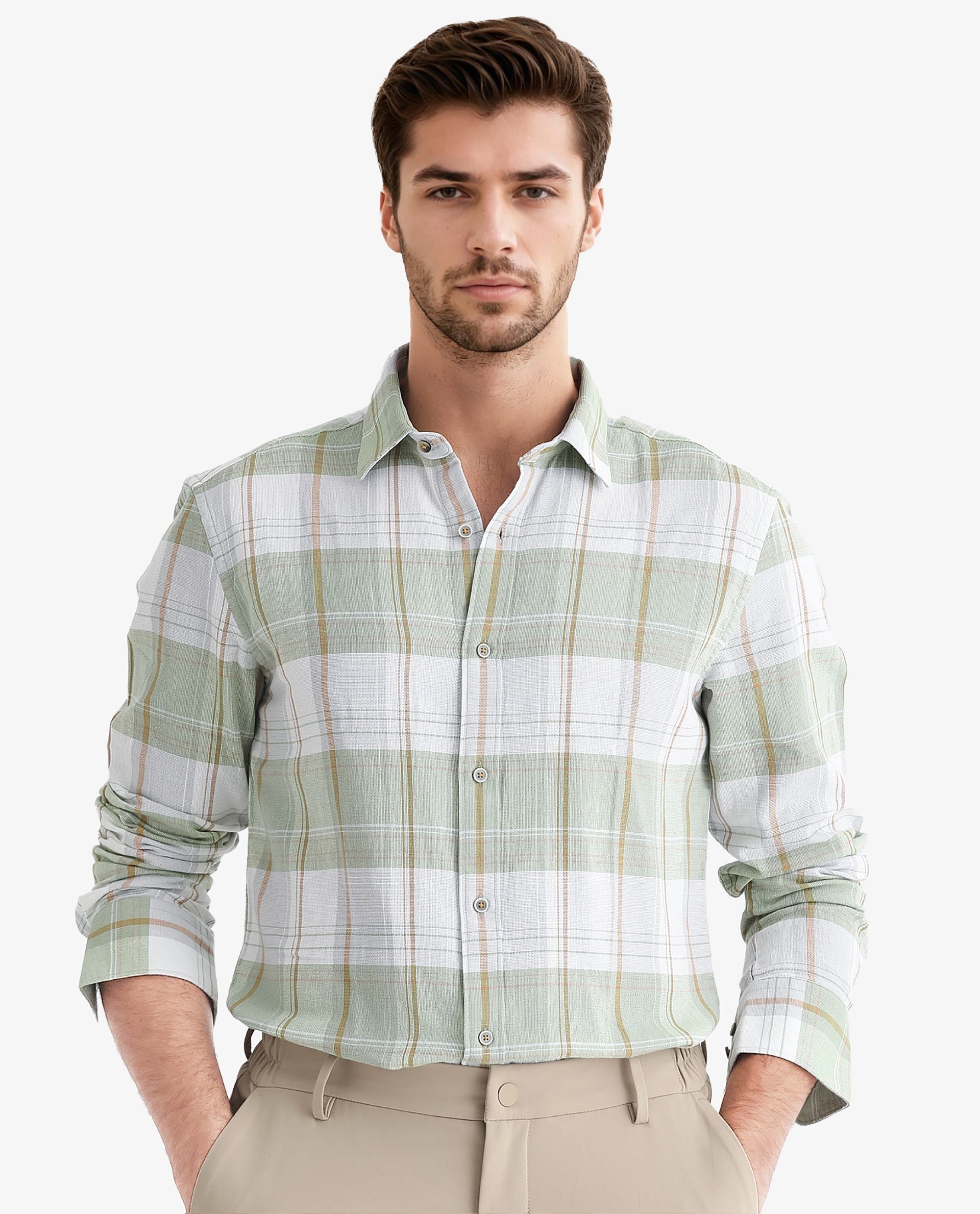 Rare Rabbit Men's Riga Green Cotton Checked Print Regular Fit Full Sleeve Collared Shirt