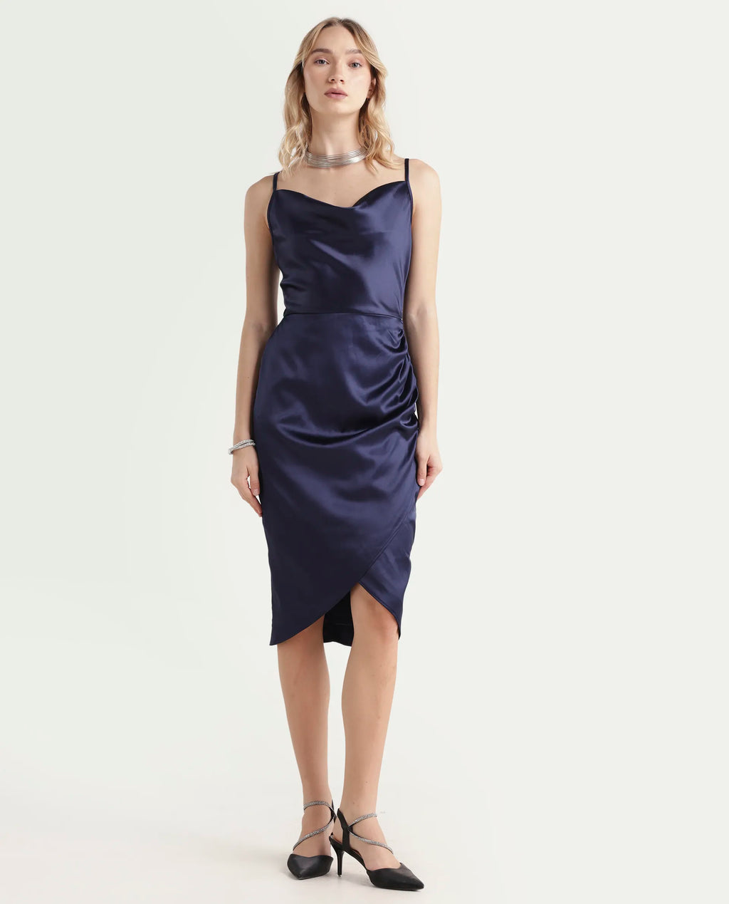 Rareism Women's Rilu Sheen Navy Polyester Blend Cowl Neck Plain Shoulder Strap Knee Length Regular Fit Dress