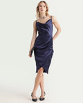 Rareism Women's Rilu Sheen Navy Polyester Blend Cowl Neck Plain Shoulder Strap Knee Length Regular Fit Dress