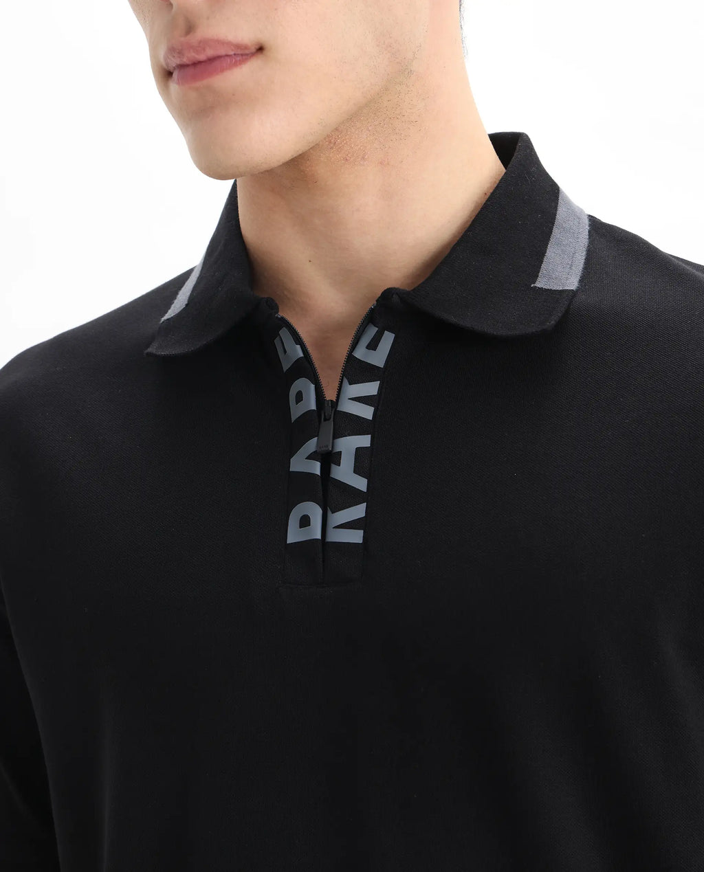 Rare Rabbit Men's Rique Black Cotton Plain Regular Fit Half Sleeve Polo