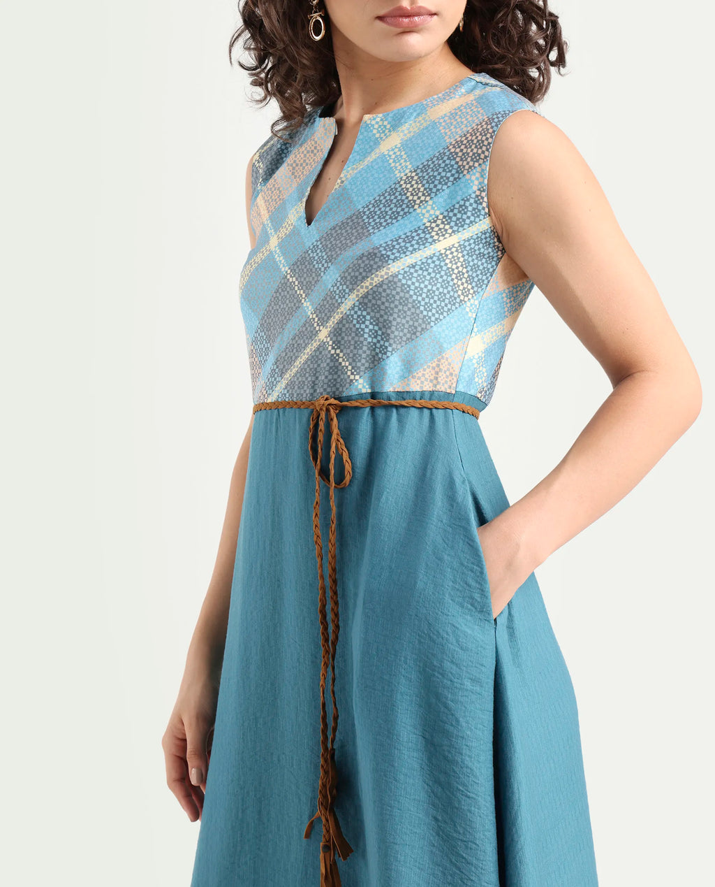 Rareism Women's Riskal Blue Cotton Round Neck Flannel Print Sleeveless Maxi Fit And Flare Dress