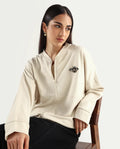 Rareism Women's Rize Off White Modal Blend Ribbed Collar Plain Relaxed Fit Sweatshirt