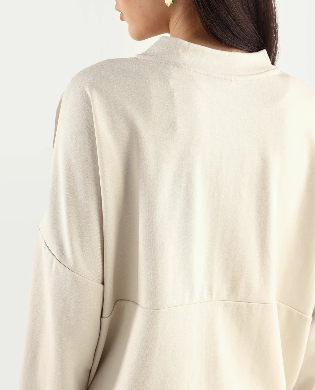Rareism Women's Rize Off White Modal Blend Ribbed Collar Plain Relaxed Fit Sweatshirt