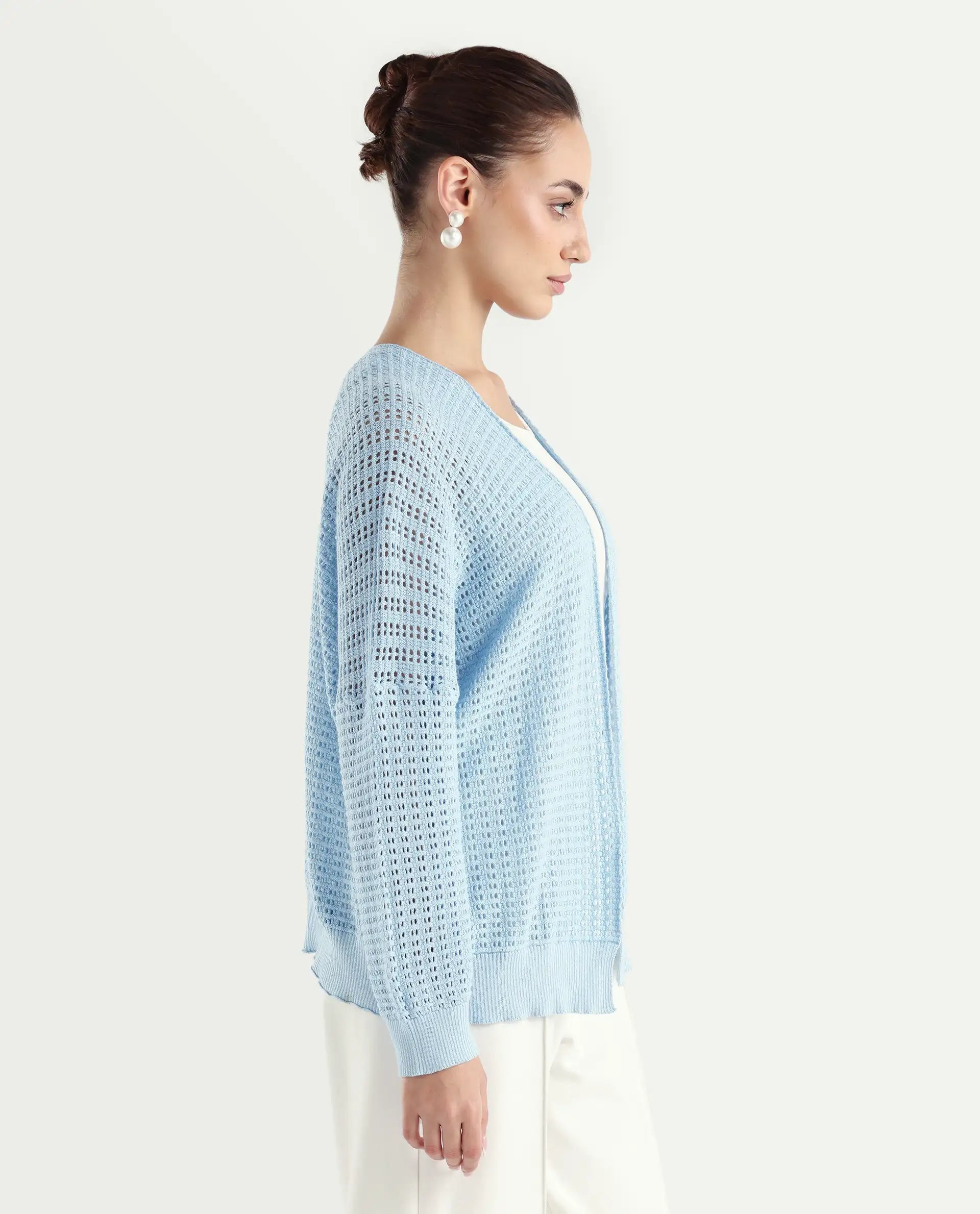 Rareism Women's Roba Light Blue Cotton Plain Relaxed Fit Shrug