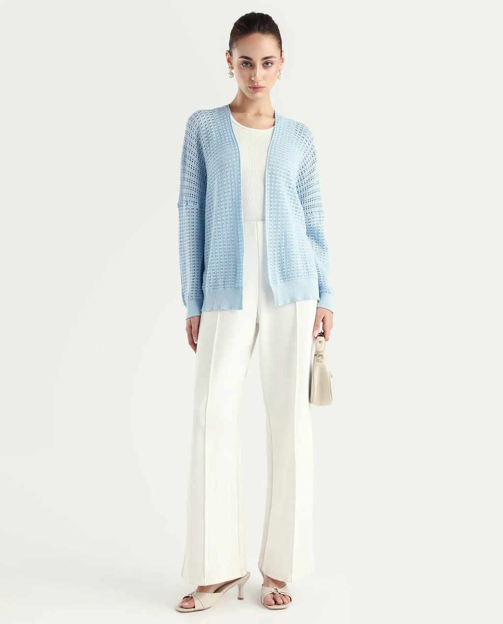 Rareism Women's Roba Light Blue Cotton Plain Relaxed Fit Shrug