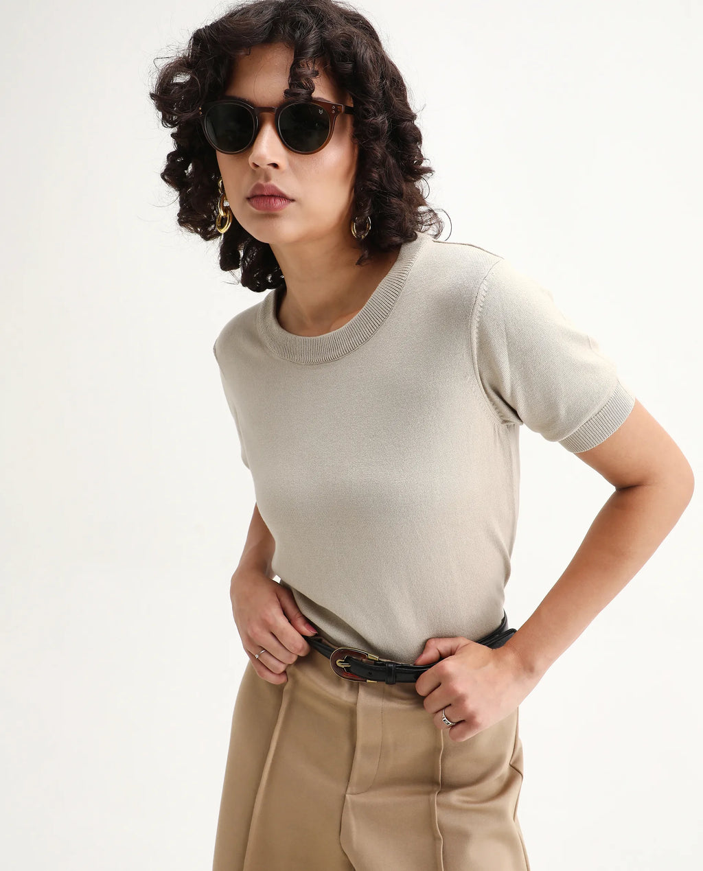 Rareism Women's Rohrdo Light Beige Viscose Blend Crew Neck Regular Fit Plain Top