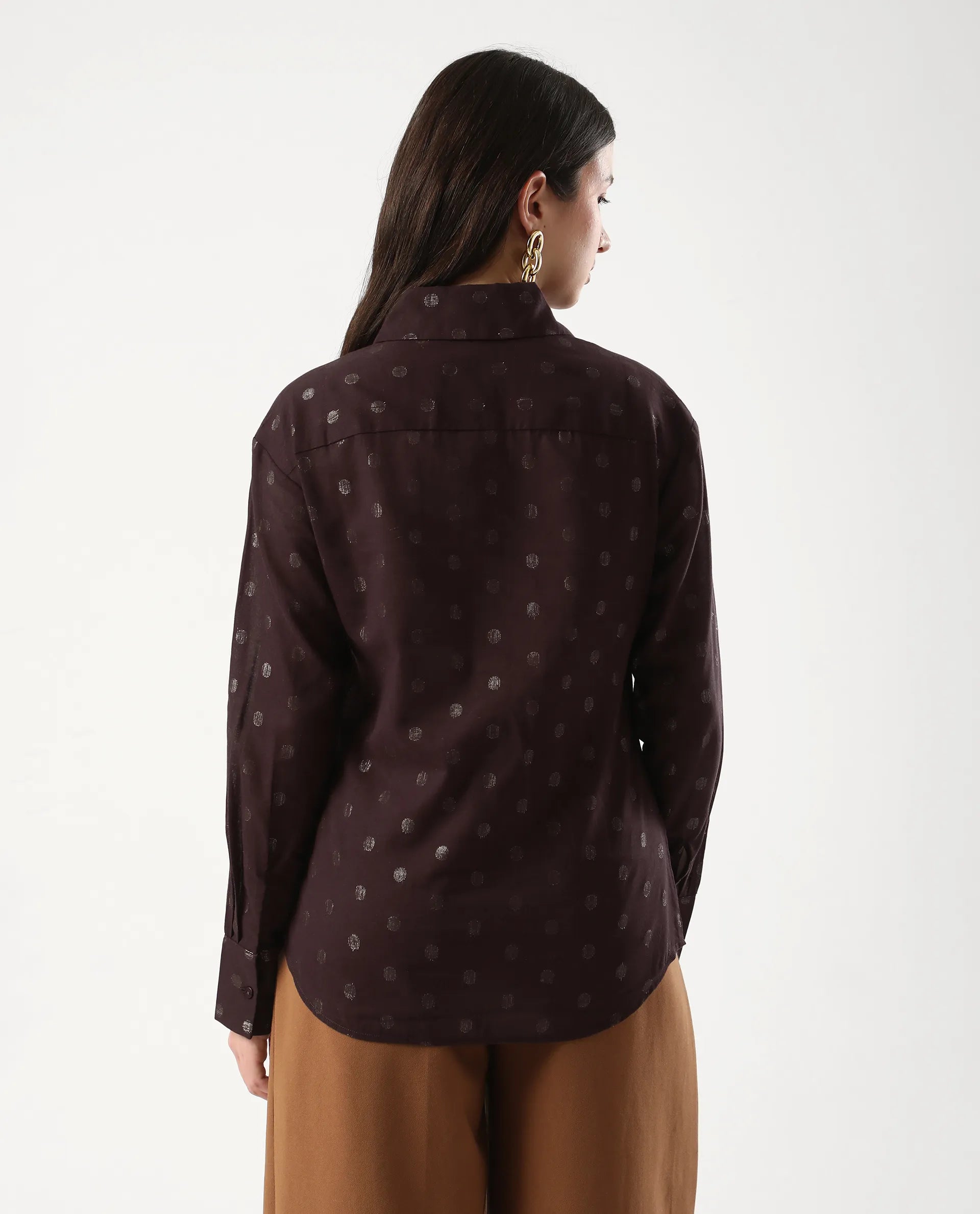 Rareism Women's Ronjaz Dusky Brown Cotton Collared Plain Cuffed Sleeve Regular Fit Shirt