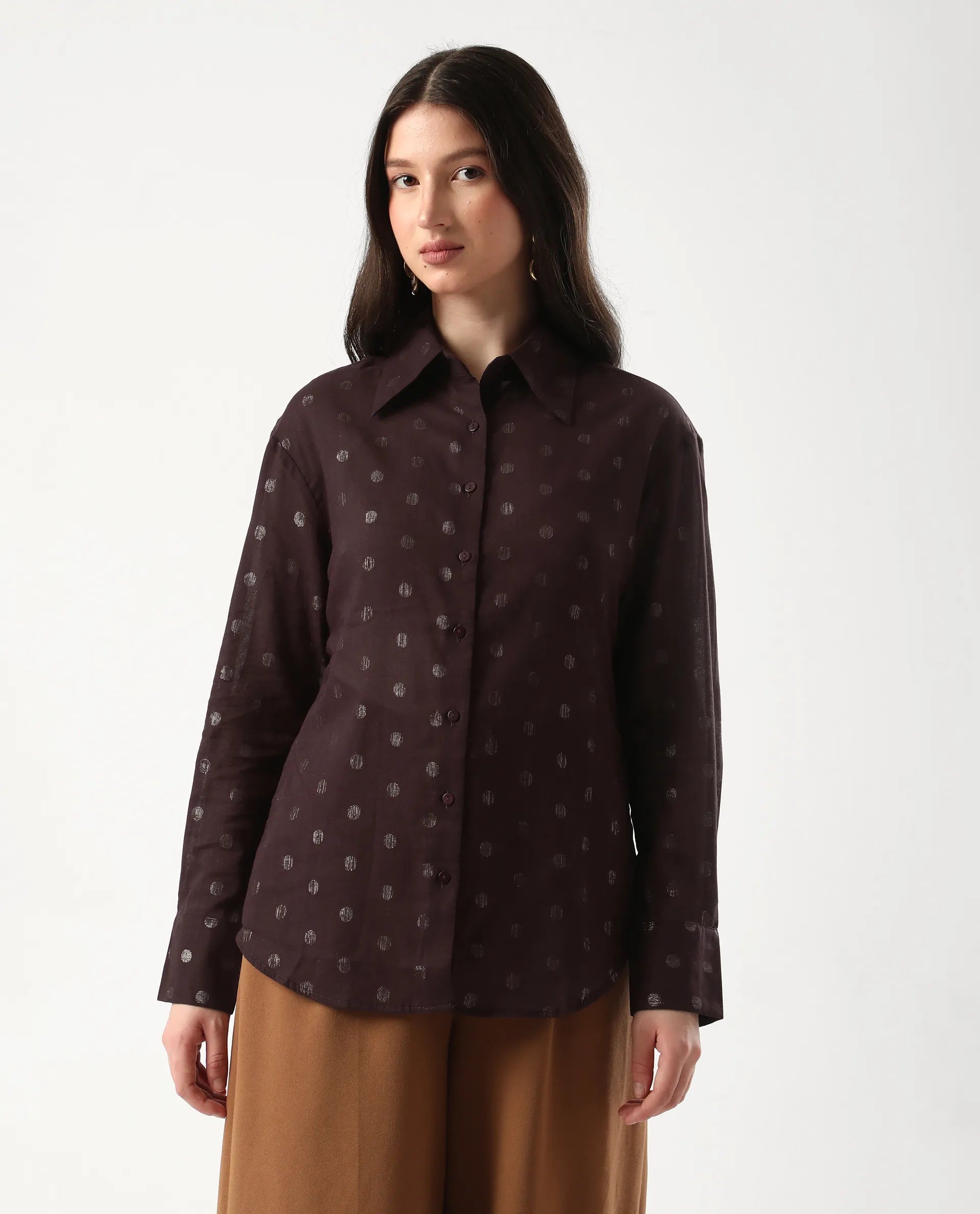 Rareism Women's Ronjaz Dusky Brown Cotton Collared Plain Cuffed Sleeve Regular Fit Shirt