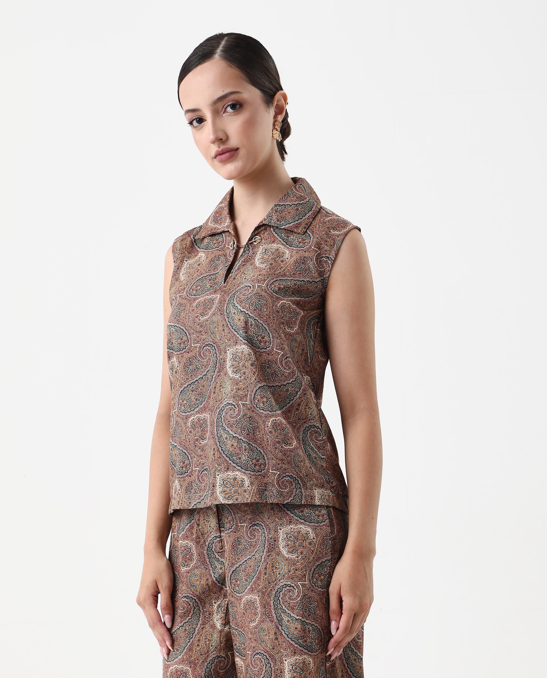Rareism Women's Ronoro-T Multi Cotton Spread Collar Paisley Print Sleeveless Boxy Fit Top