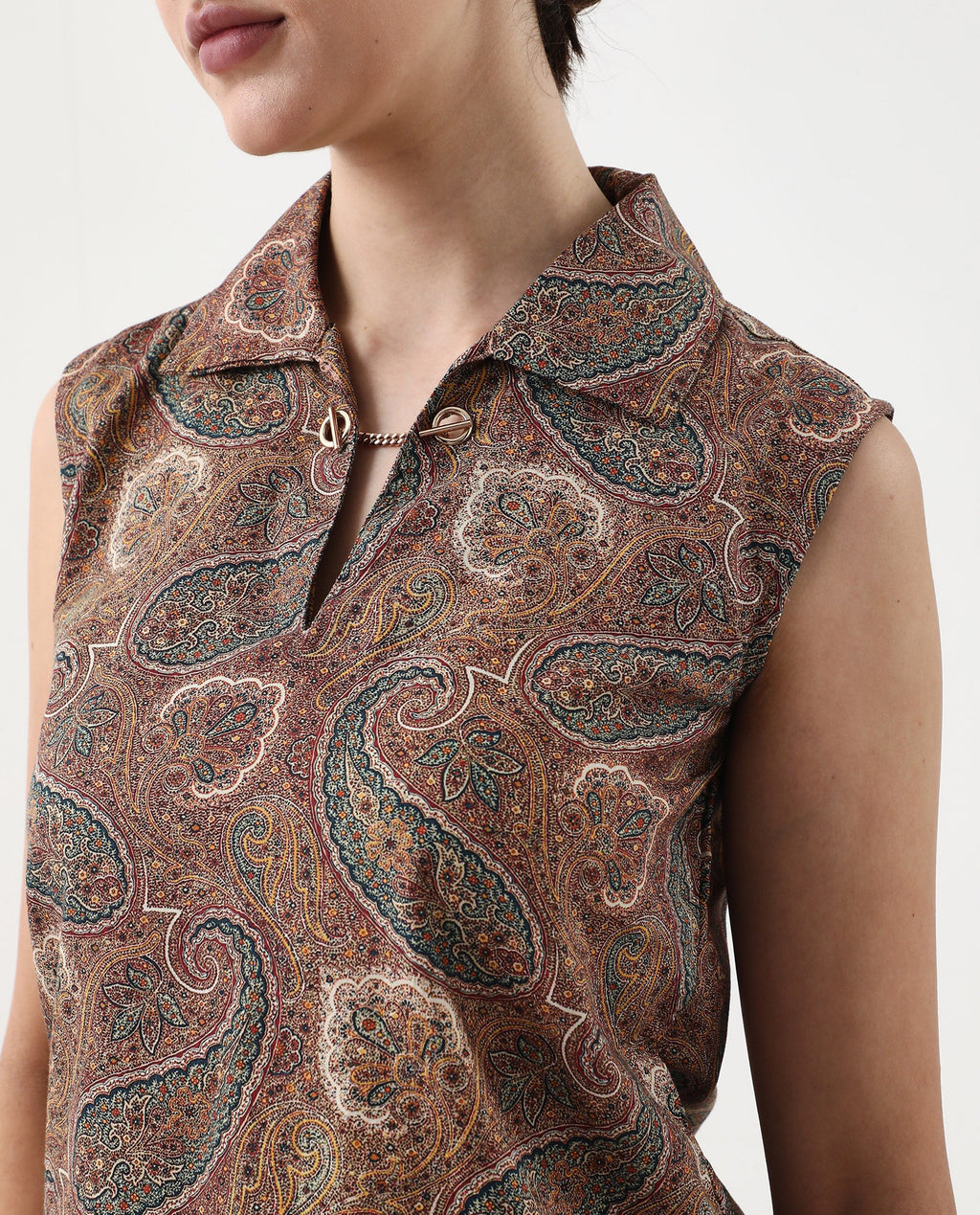 Rareism Women's Ronoro-T Multi Cotton Spread Collar Paisley Print Sleeveless Boxy Fit Top