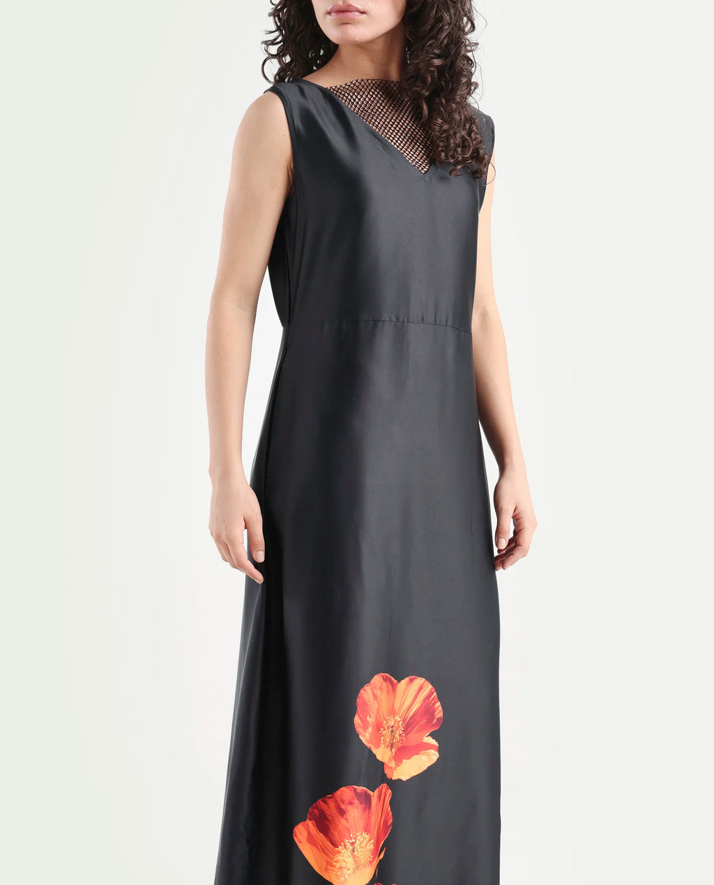 Rareism Women's Rost Black Polyester Collarless Floral Print Sleeveless Maxi Regular Fit Dress