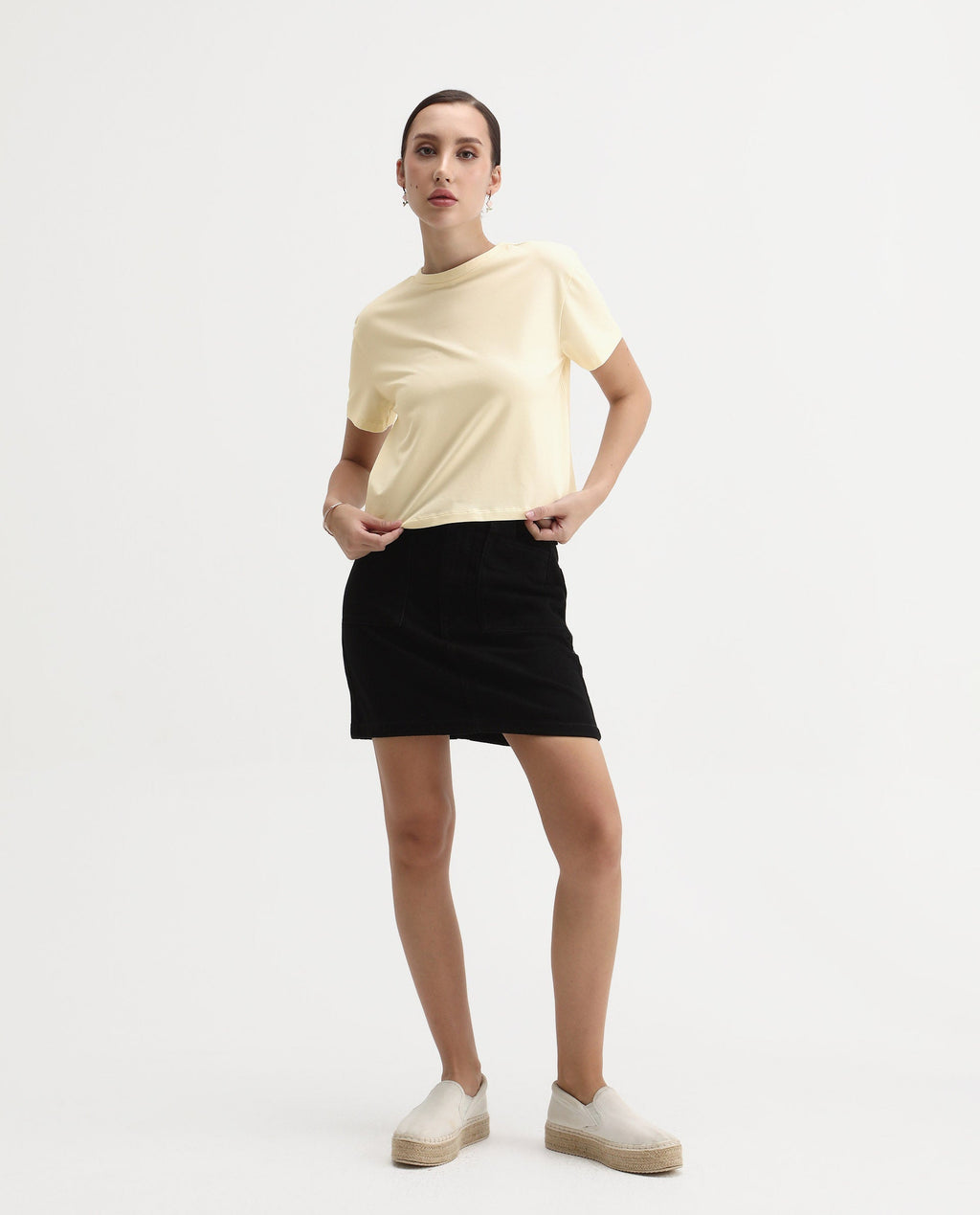 Rareism Women's Rubis Off White Cotton Blend Crew Neck Regular Fit T-Shirt