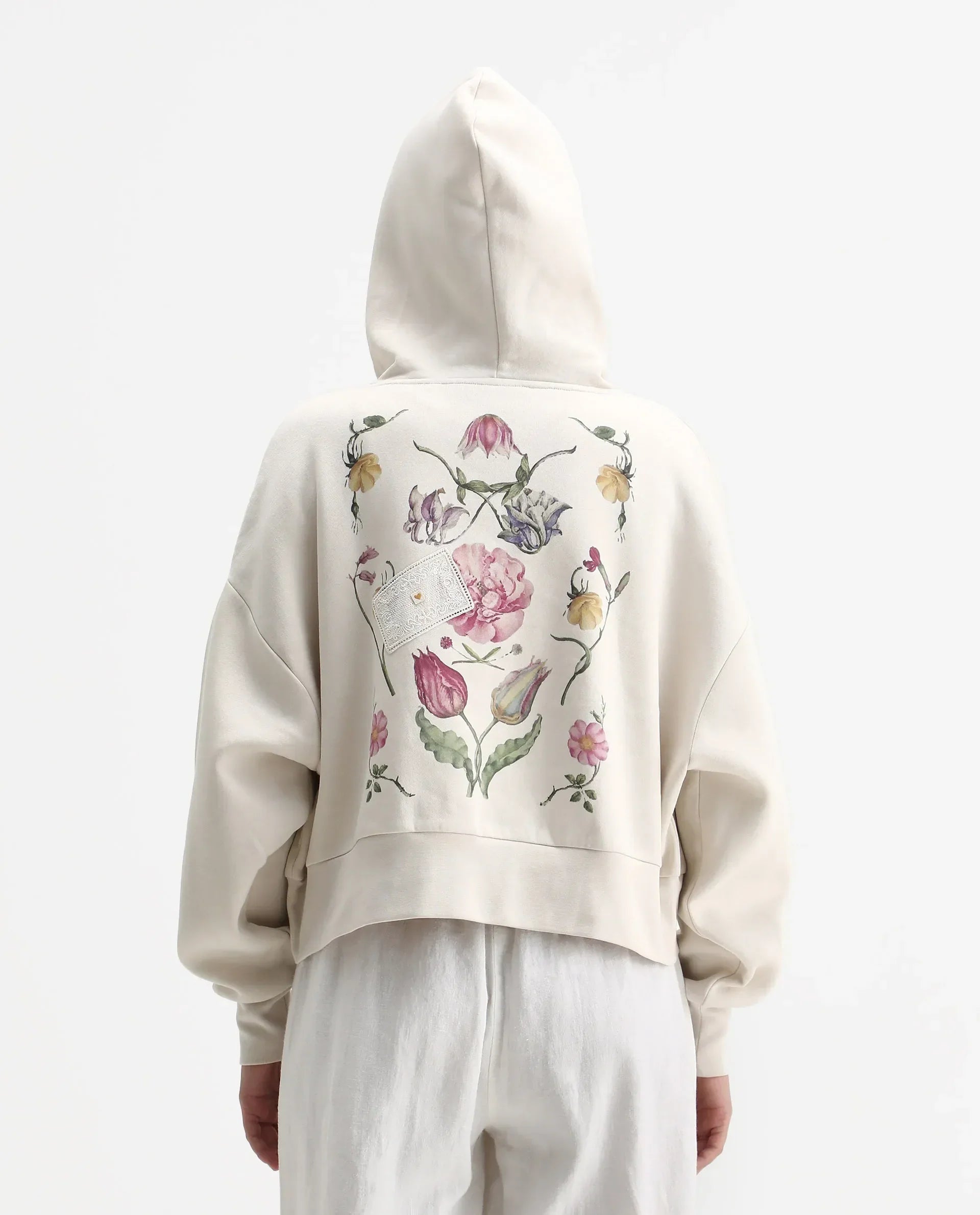 Rareism Women's Slio Light Beige Cotton Blend Hooded Oversize Fit Floral Print Sweatshirt