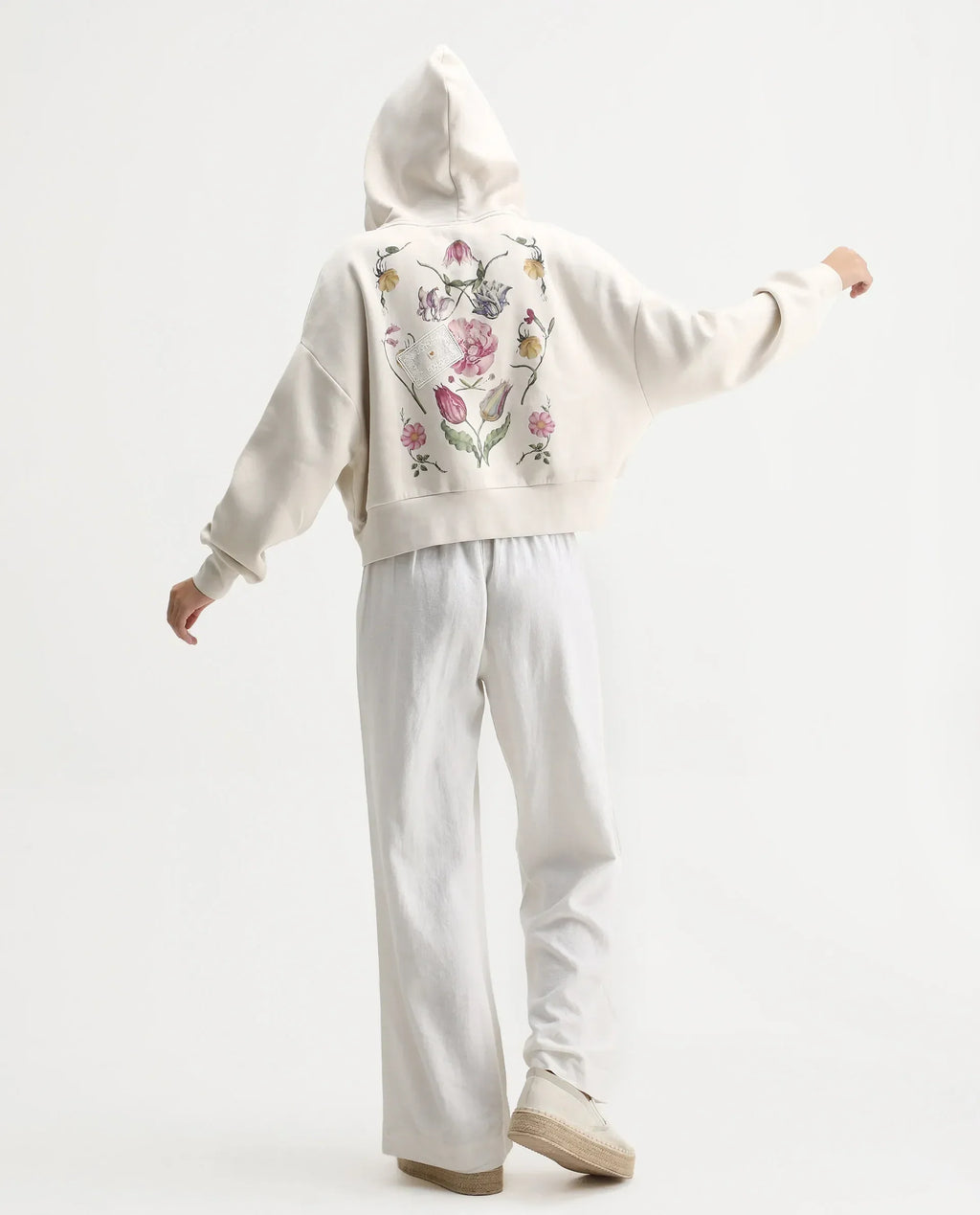 Rareism Women's Slio Light Beige Cotton Blend Hooded Oversize Fit Floral Print Sweatshirt