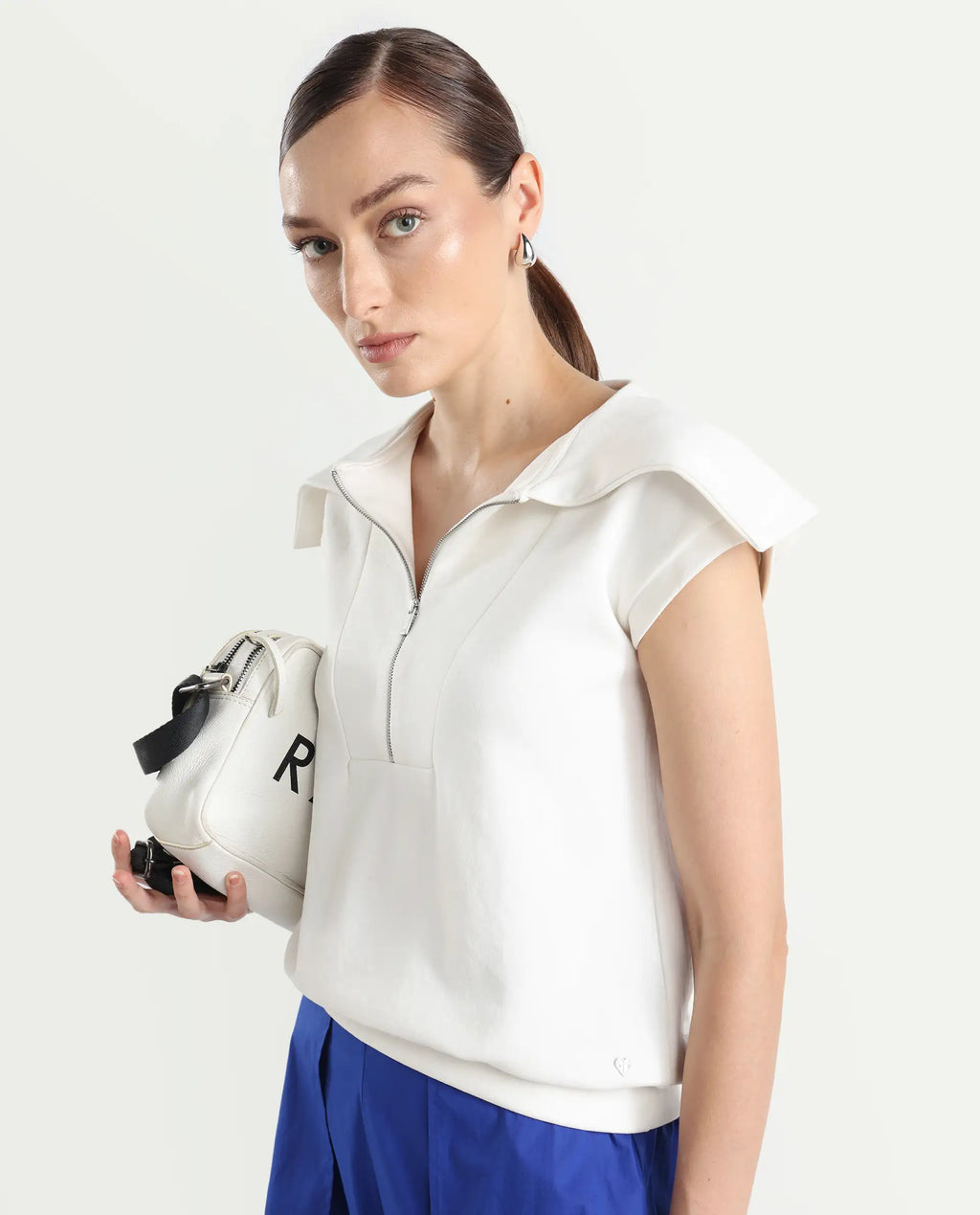 Rareism Women's Sail Off White Cotton Blend Spread Collar Plain Extended Sleeves Relaxed Fit Sweatshirt