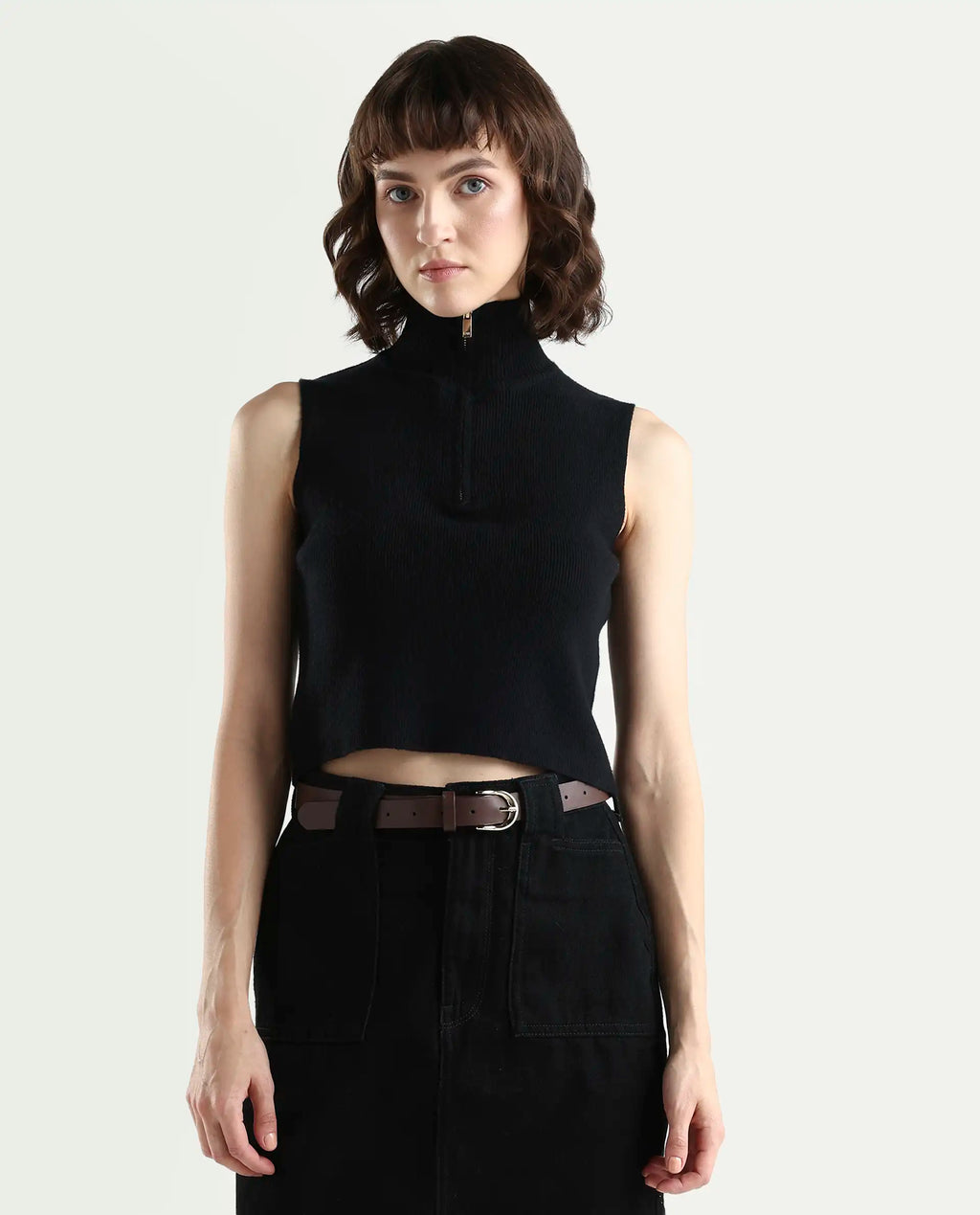 Rareism Women's Samo Black Viscose Blend Sleeveless High Neck Fitted Plain Top
