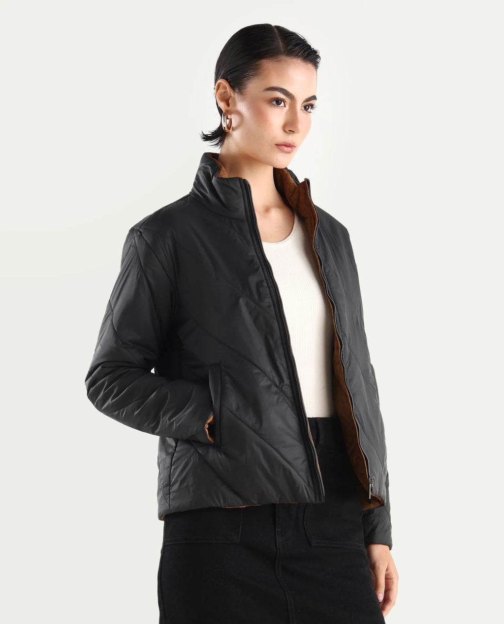 Rareism Women's Sapell Black Stand Collar Monogram Print Boxy Fit Jacket
