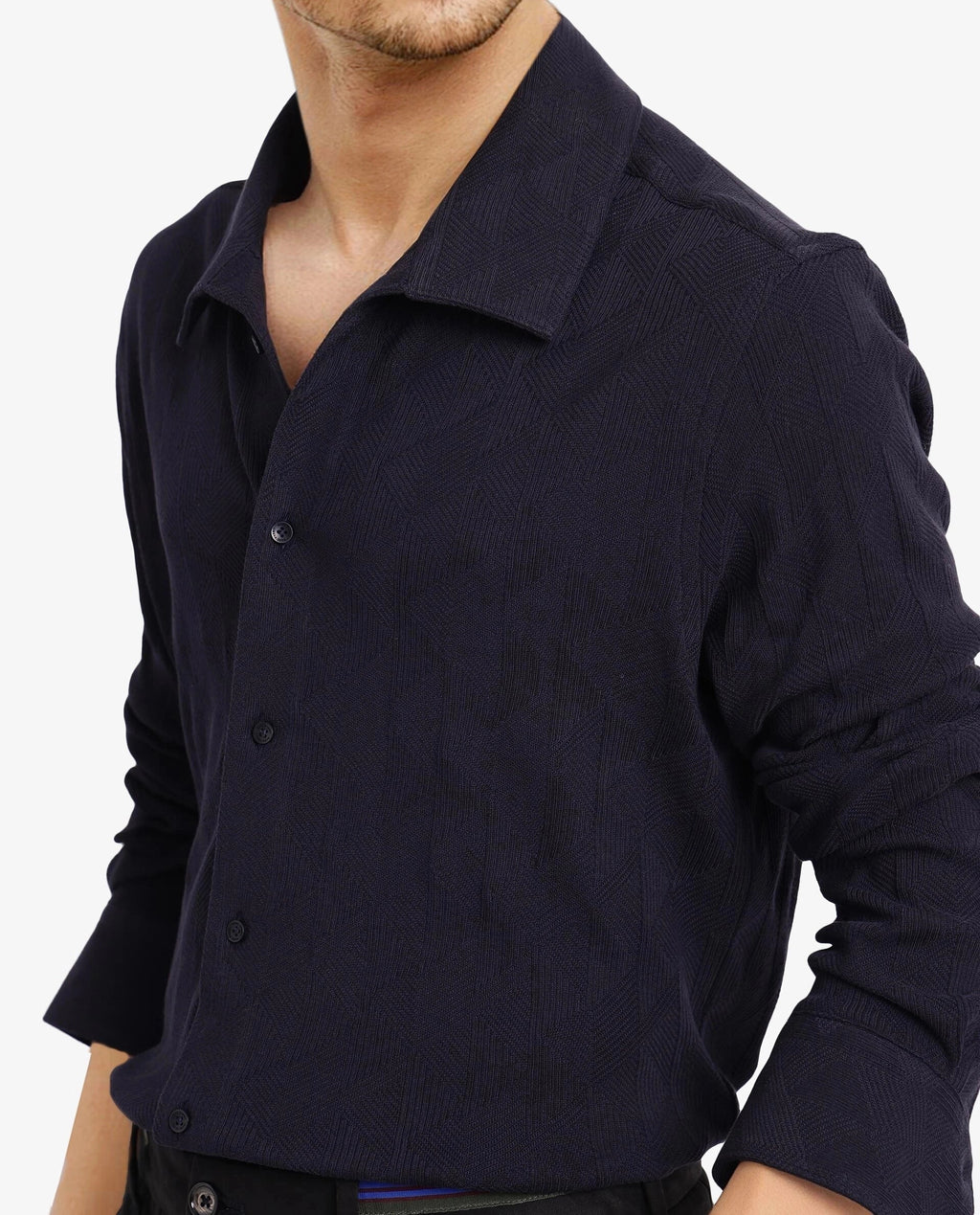 Rare Rabbit Men's Sation Navy Cotton Jacquard Regular Fit Full Sleeve Collared Shirt