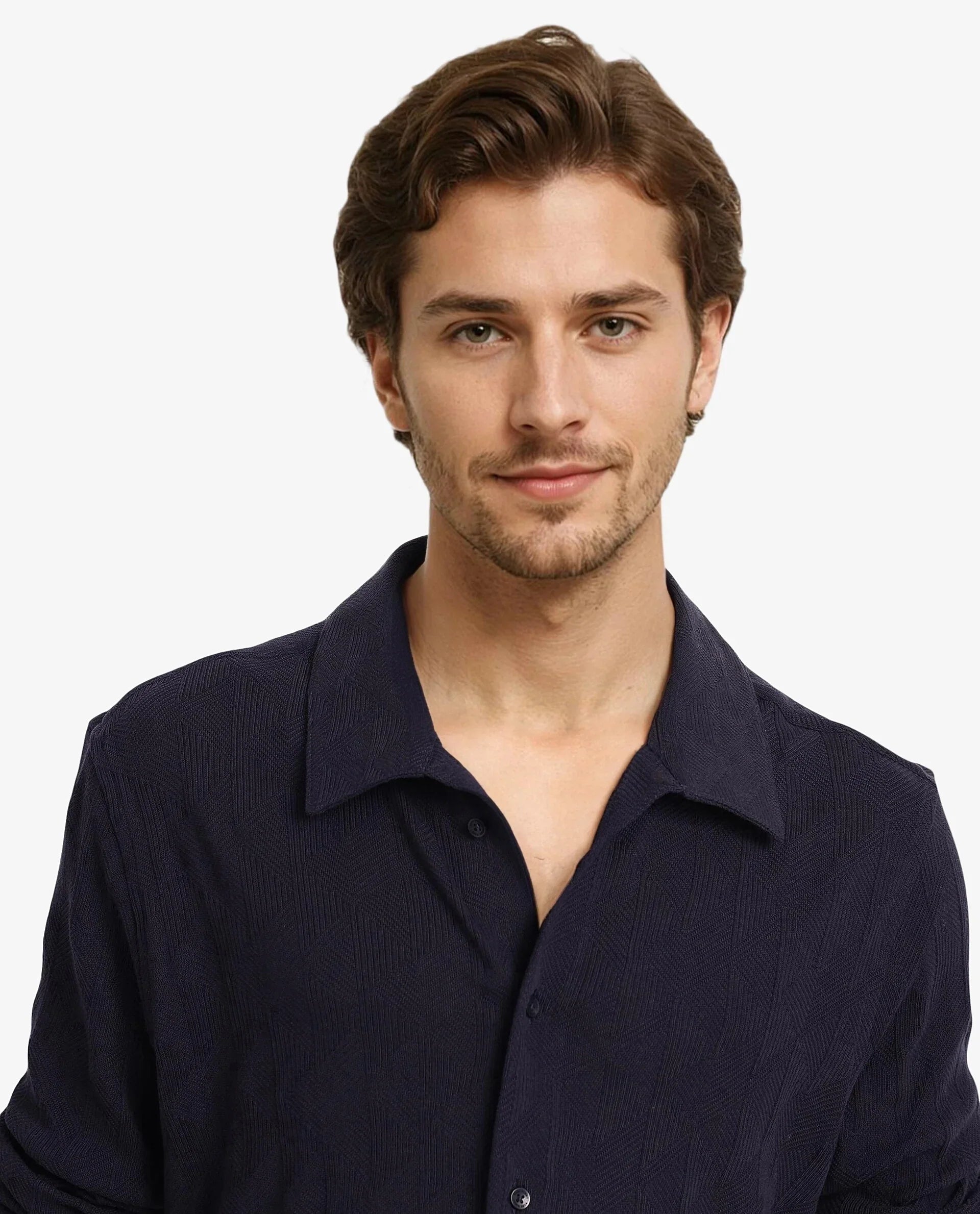Rare Rabbit Men's Sation Navy Cotton Jacquard Regular Fit Full Sleeve Collared Shirt