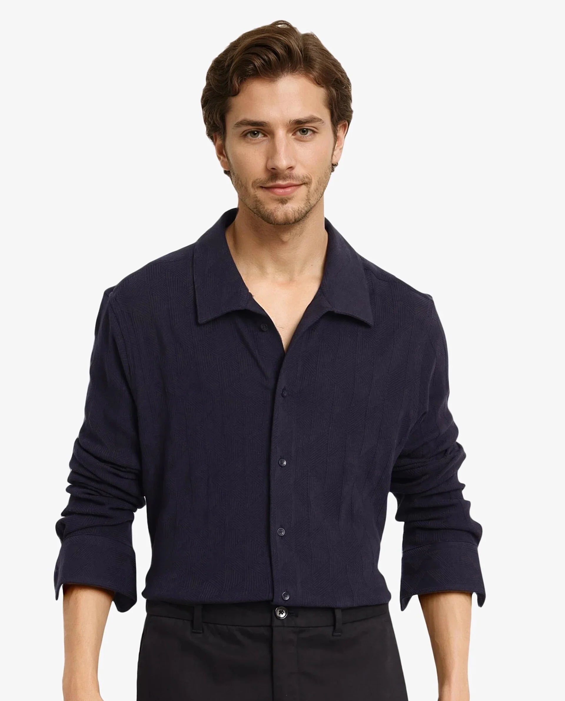 Rare Rabbit Men's Sation Navy Cotton Jacquard Regular Fit Full Sleeve Collared Shirt