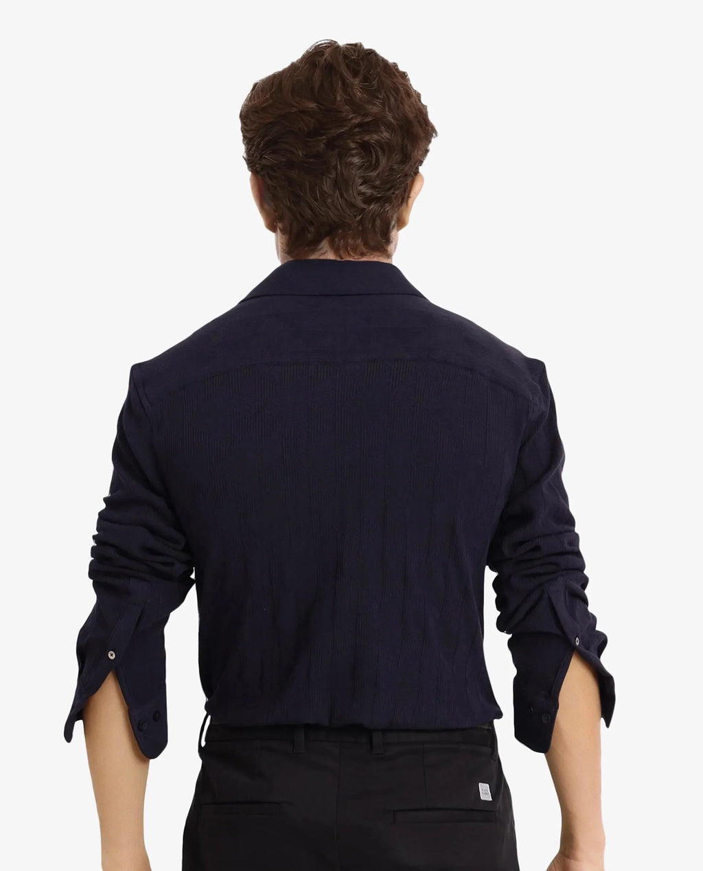 Rare Rabbit Men's Sation Navy Cotton Jacquard Regular Fit Full Sleeve Collared Shirt