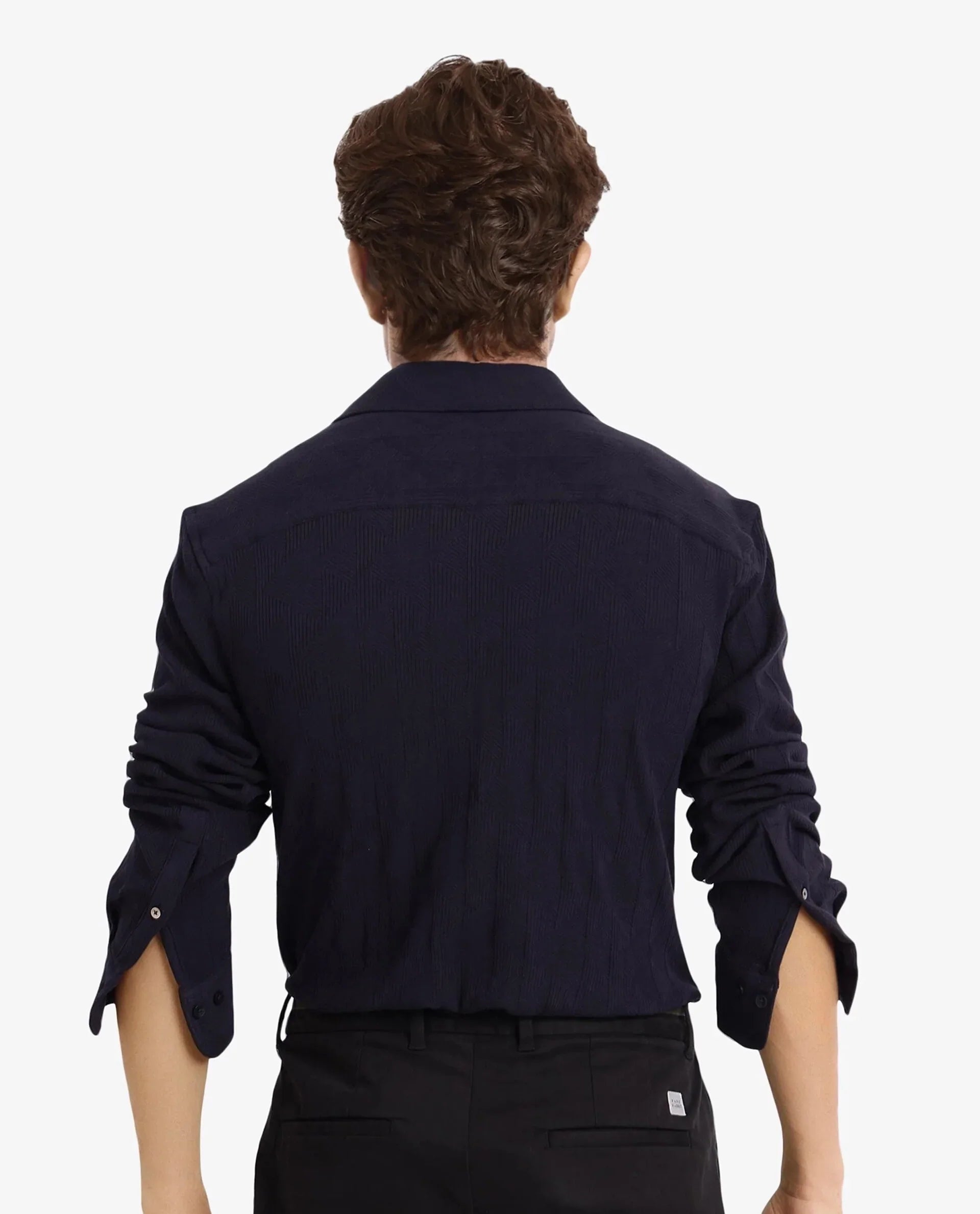 Rare Rabbit Men's Sation Navy Cotton Jacquard Regular Fit Full Sleeve Collared Shirt