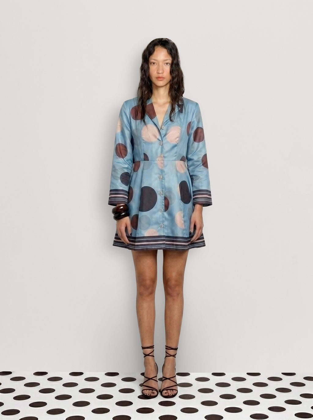 Rareism Women's Buffe Dusky Blue Polyester Lapel Neck Polka Print Bell Sleeve Mini Regular Fit Dress