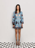 Rareism Women's Buffe Dusky Blue Polyester Lapel Neck Polka Print Bell Sleeve Mini Regular Fit Dress
