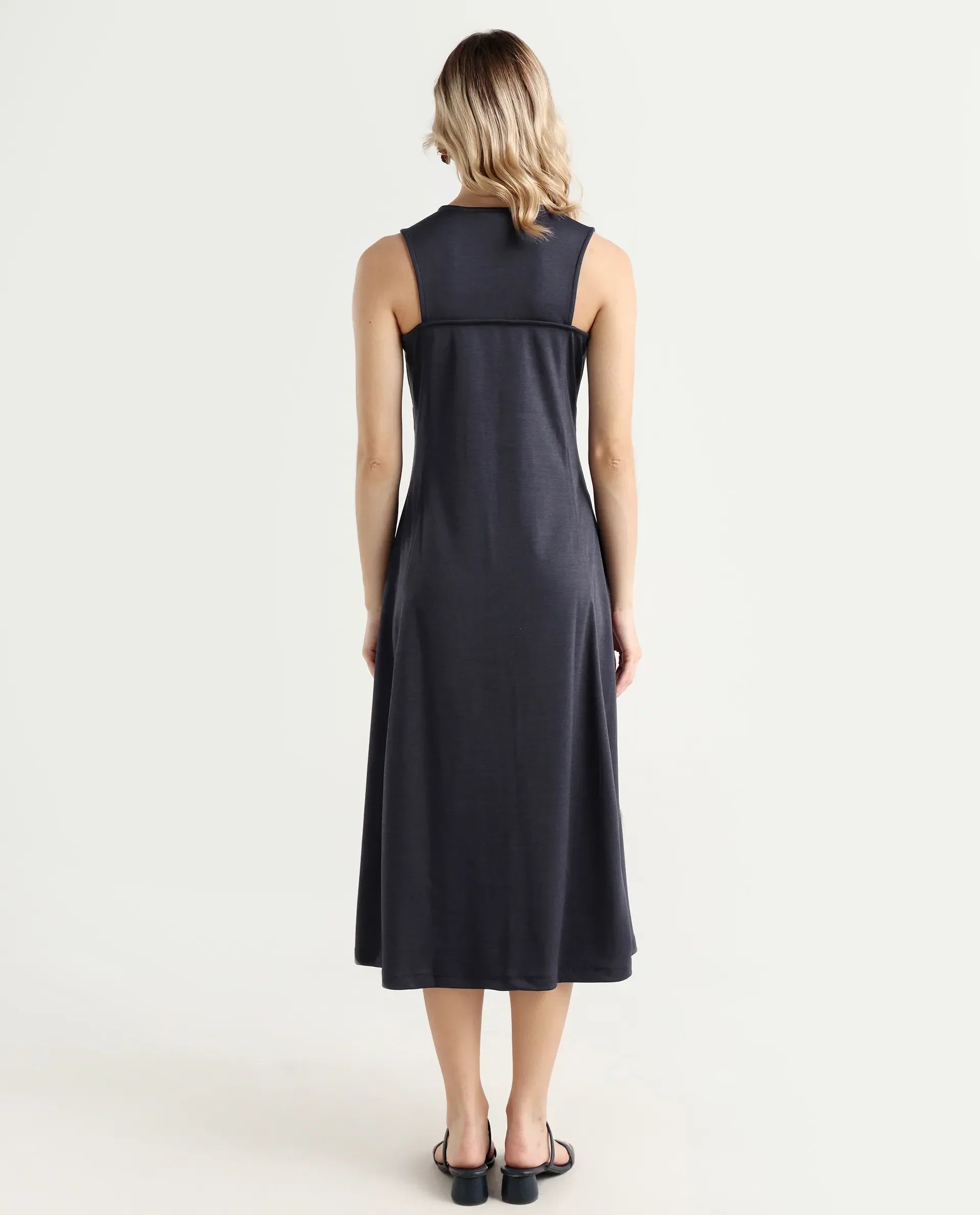 Rareism Women's Shoko Dark Blue Polyester Crew Neck Plain Sleeveless Midi A-Line Dress