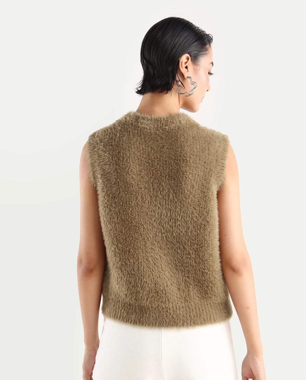 Rareism Women's Sielo Dark Beige Nylon Crew Neck Plain Sleeveless Relaxed Fit Sweater