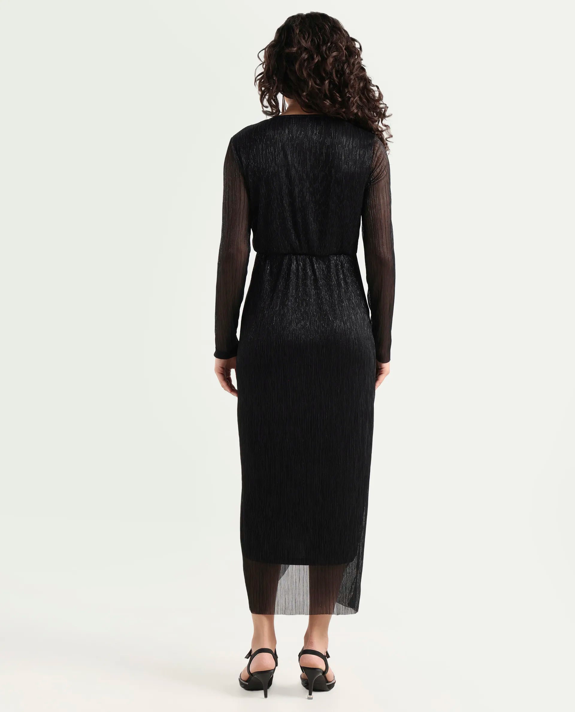 Rareism Women's Siga Metalic Black Polyester Blend Collarless Shimmer Maxi Regular Fit Dress