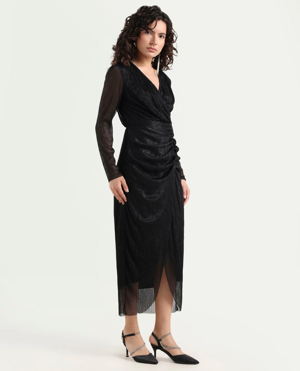 Rareism Women's Siga Metalic Black Polyester Blend Collarless Shimmer Maxi Regular Fit Dress