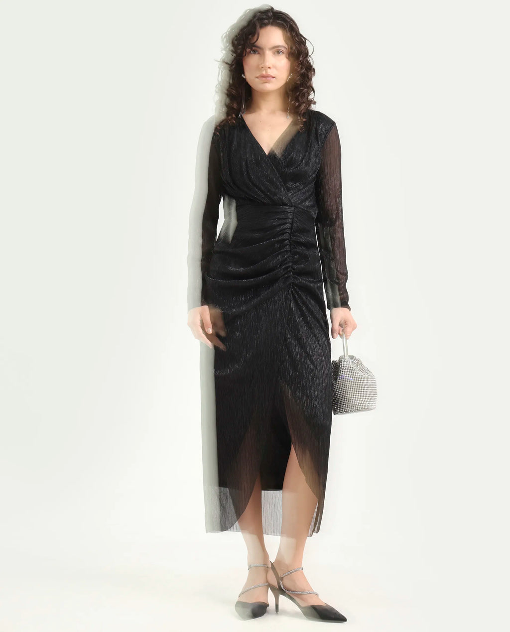 Rareism Women's Siga Metalic Black Polyester Blend Collarless Shimmer Maxi Regular Fit Dress