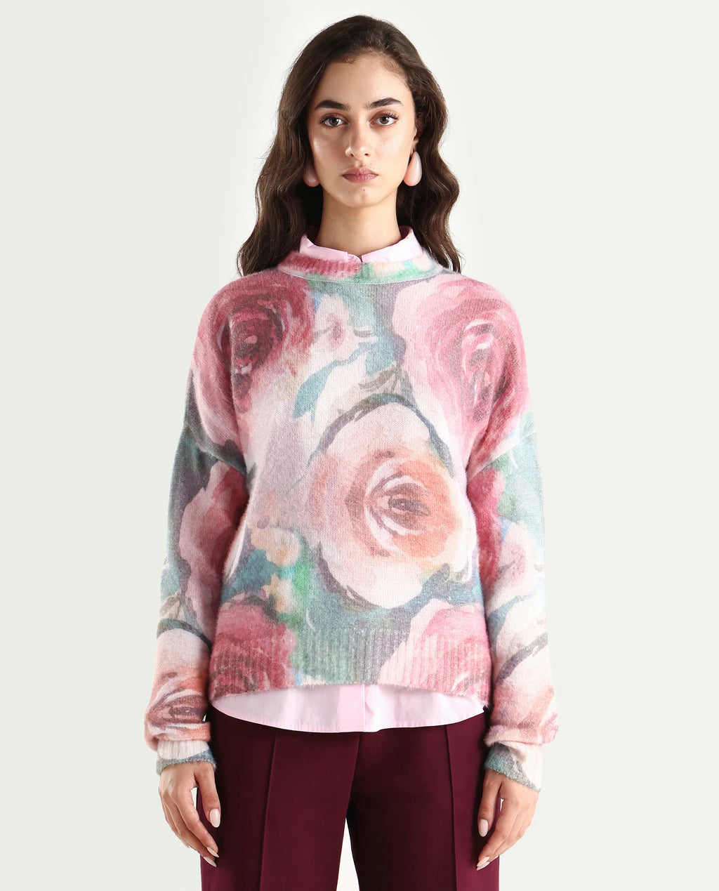Rareism Women's Siri Dusky Multi Acrylic Blend High Neck Relaxed Fit Sweater