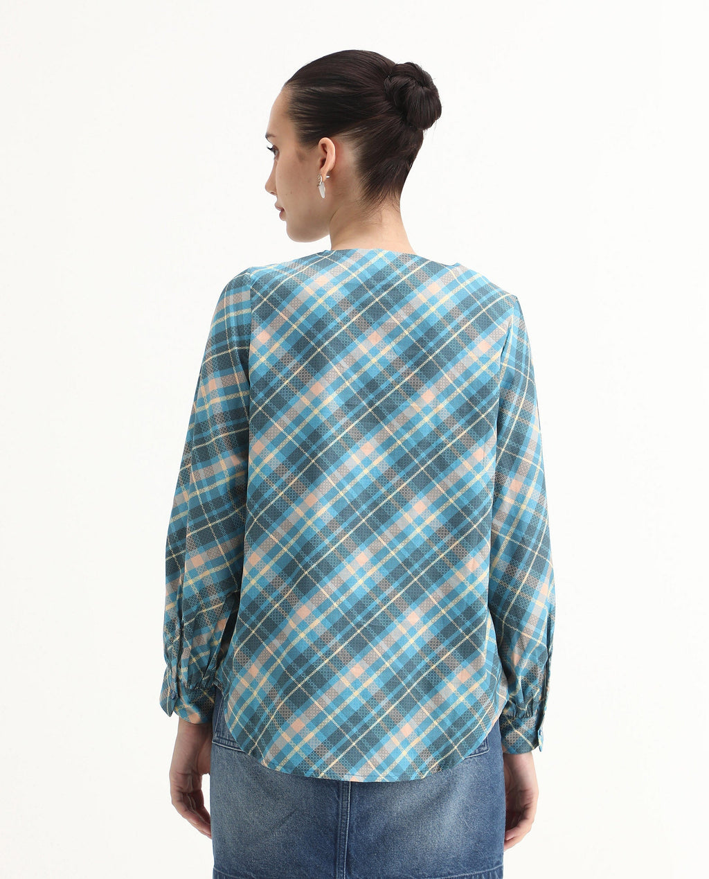 Rareism Women's Sirkolo Blue Cotton Blend Mandarin Collar Flannel Print Bishop Sleeve Regular Fit Shirt