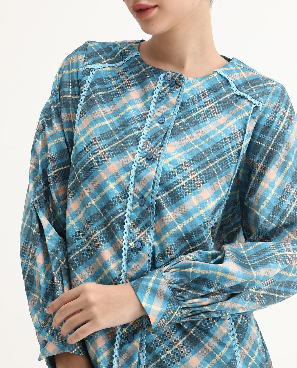 Rareism Women's Sirkolo Blue Cotton Blend Mandarin Collar Flannel Print Bishop Sleeve Regular Fit Shirt