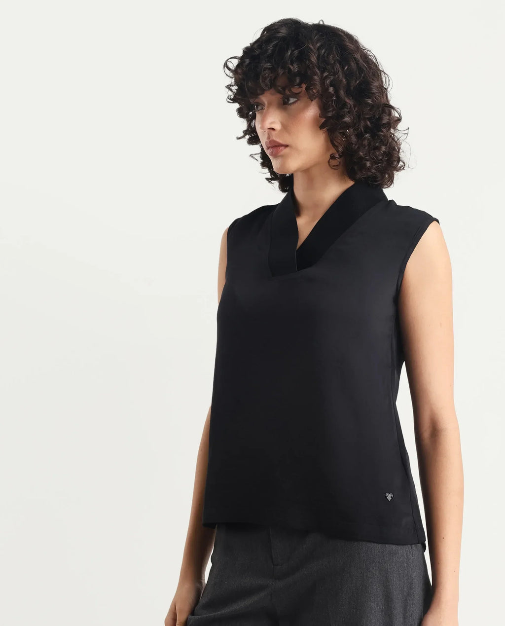 Rareism Women's Siyar Black Satin V-Neck Plain Sleeveless Regular Fit Top