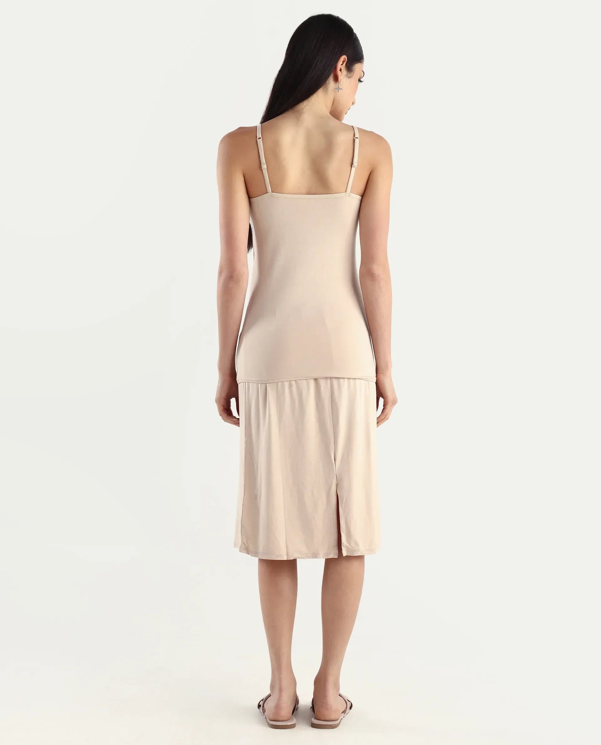 Rareism Women's Slippyaa Beige Shoulder Strap Plain Shoulder Strap Knee Length Straight Fit Inner Wear