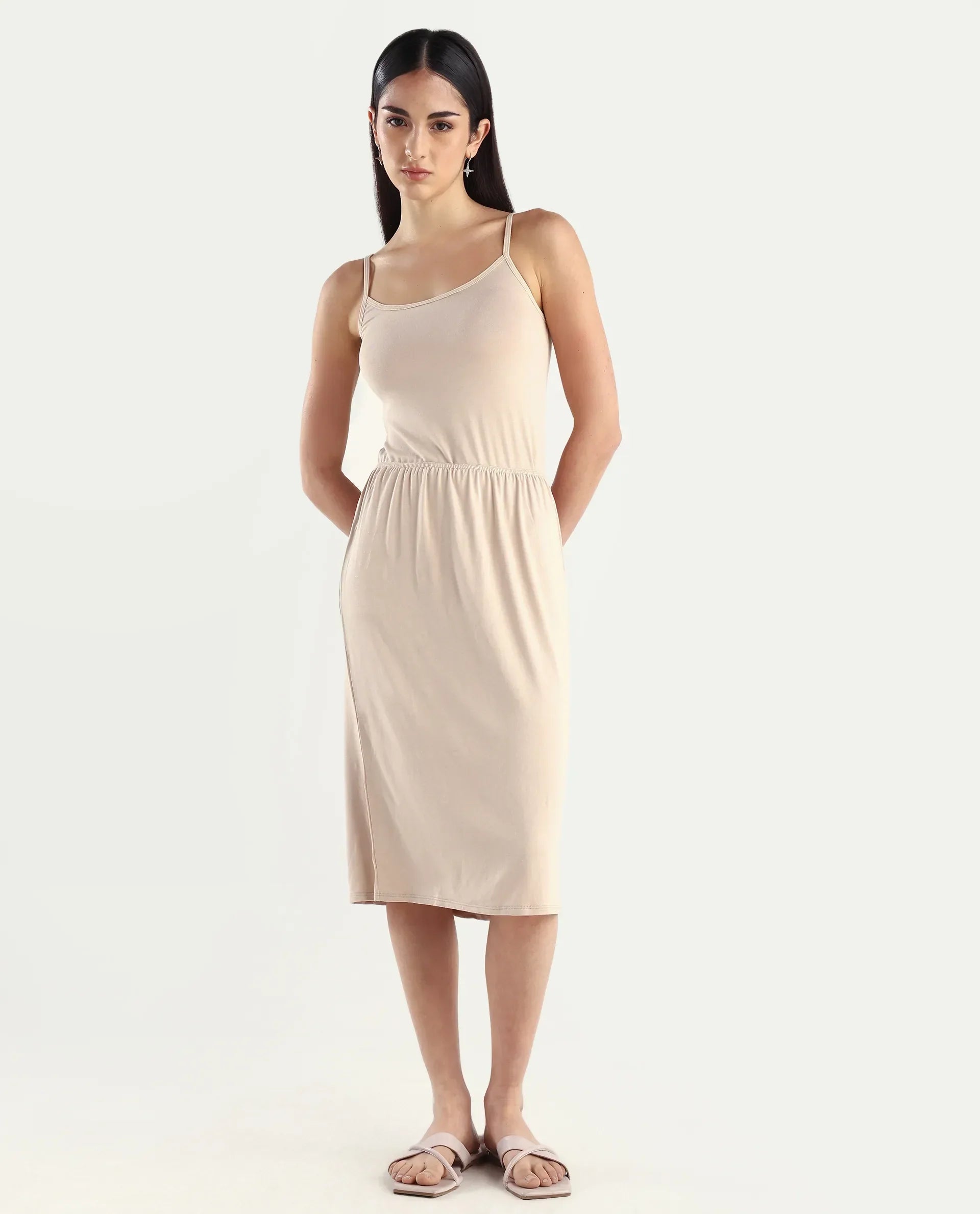 Rareism Women's Slippyaa Beige Shoulder Strap Plain Shoulder Strap Knee Length Straight Fit Inner Wear