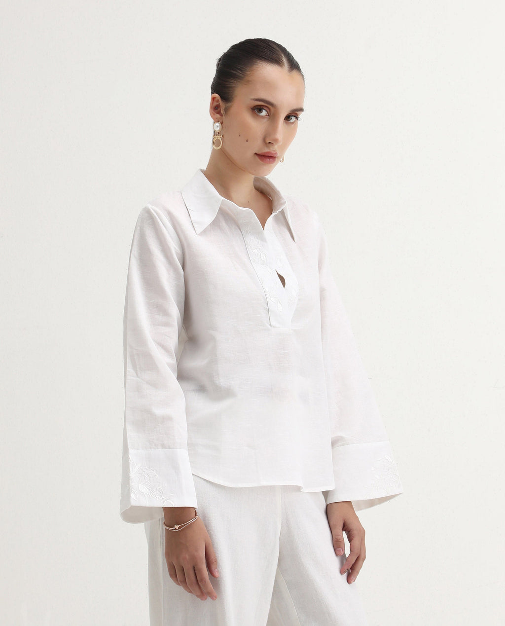 Rareism Women's Sofian White Cotton Blend Spread Collar Plain Bell Sleeve Relaxed Fit Top