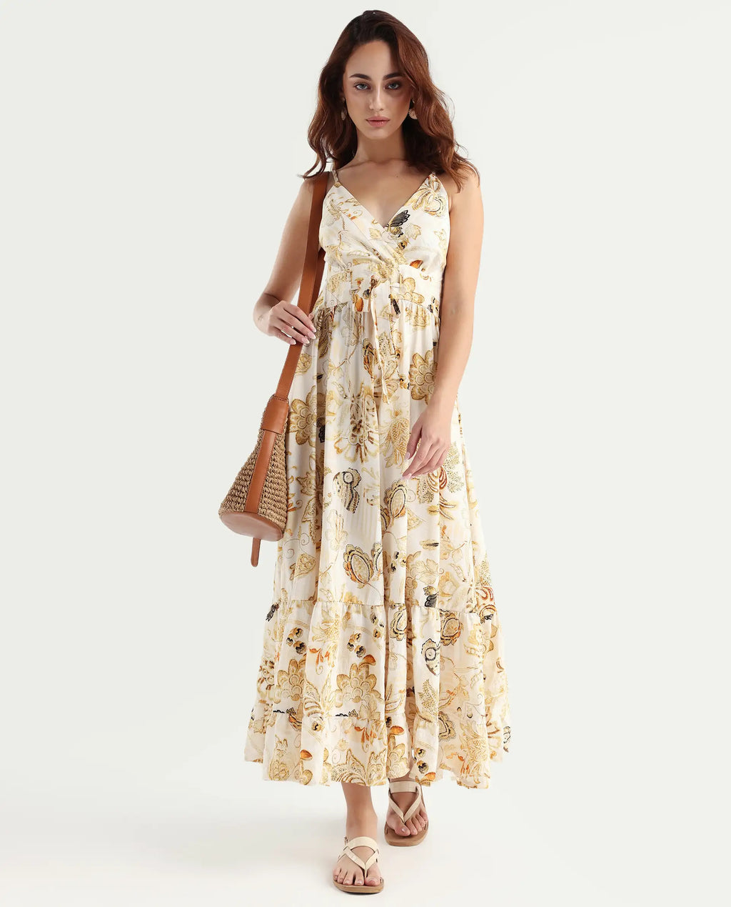 Rareism Women's Sojer Multi Nylon Blend Shoulder Strap Paisley Print Sleeveless Maxi Fit And Flare Dress