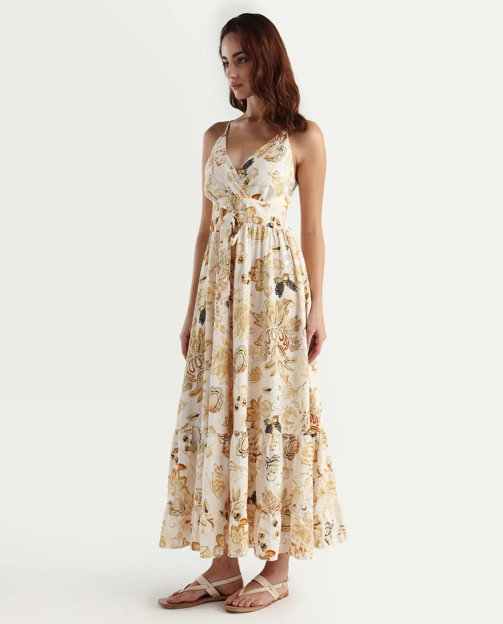 Rareism Women's Sojer Multi Nylon Blend Shoulder Strap Paisley Print Sleeveless Maxi Fit And Flare Dress