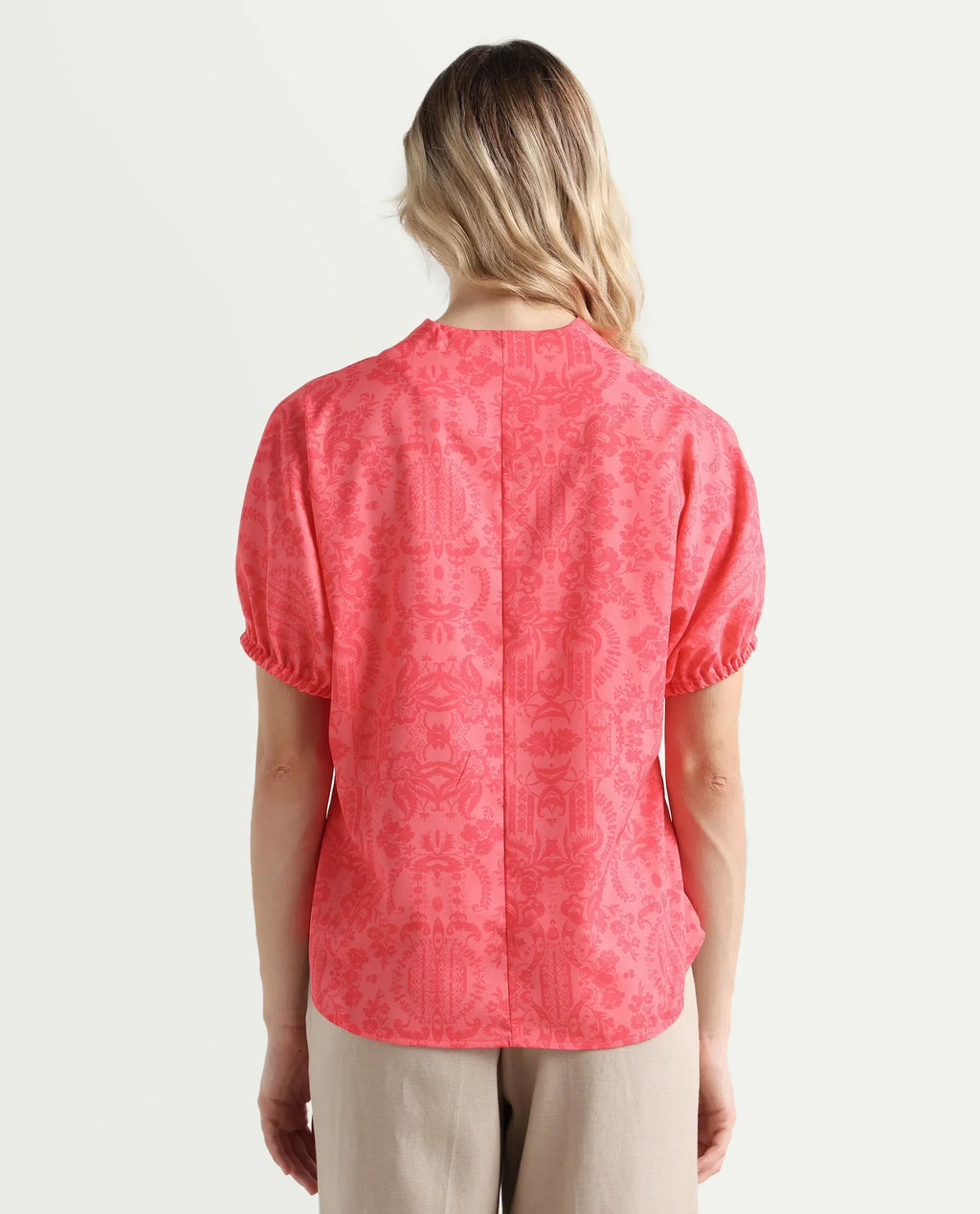 Rareism Women's Somquil Pink Polyester V-Neck Abstract Print Puff Sleeves Regular Fit Top
