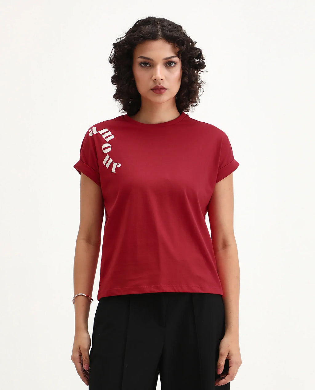 Rareism Women's Somvet Red Cotton Crew Neck Graphic Print Extended Sleeves Regular Fit T-Shirt