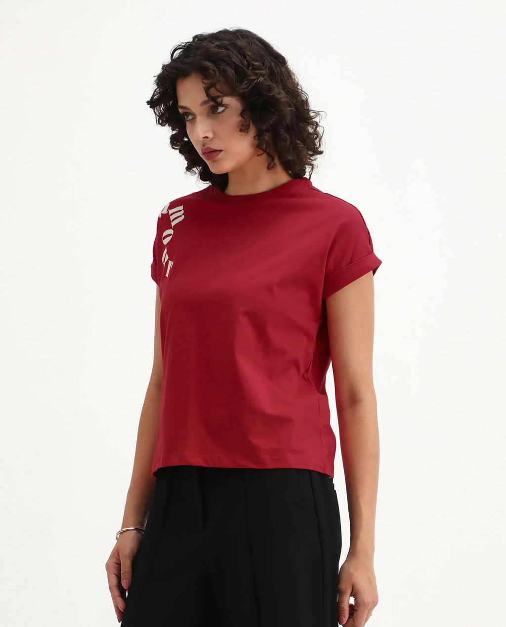 Rareism Women's Somvet Red Cotton Crew Neck Graphic Print Extended Sleeves Regular Fit T-Shirt