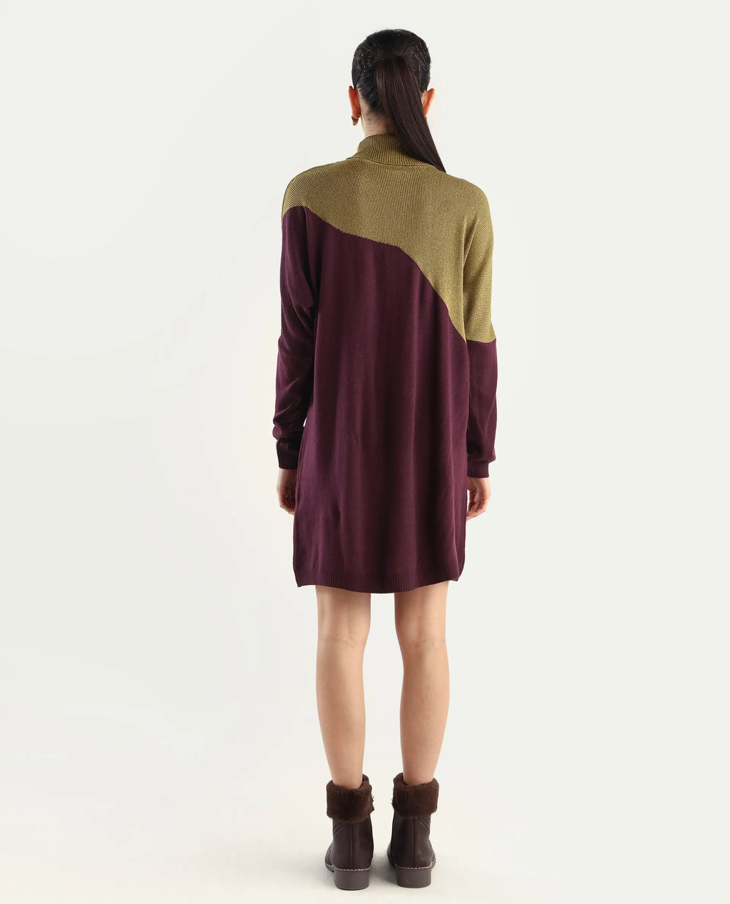 Rareism Women's Spaton Maroon Knit Turtle Neck Plain Knee Length Straight Fit Sweater