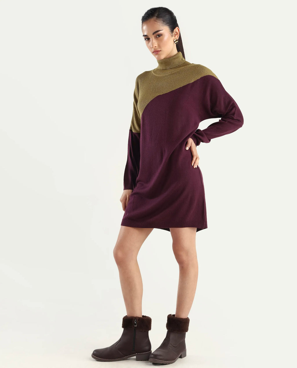 Rareism Women's Spaton Maroon Knit Turtle Neck Plain Knee Length Straight Fit Sweater