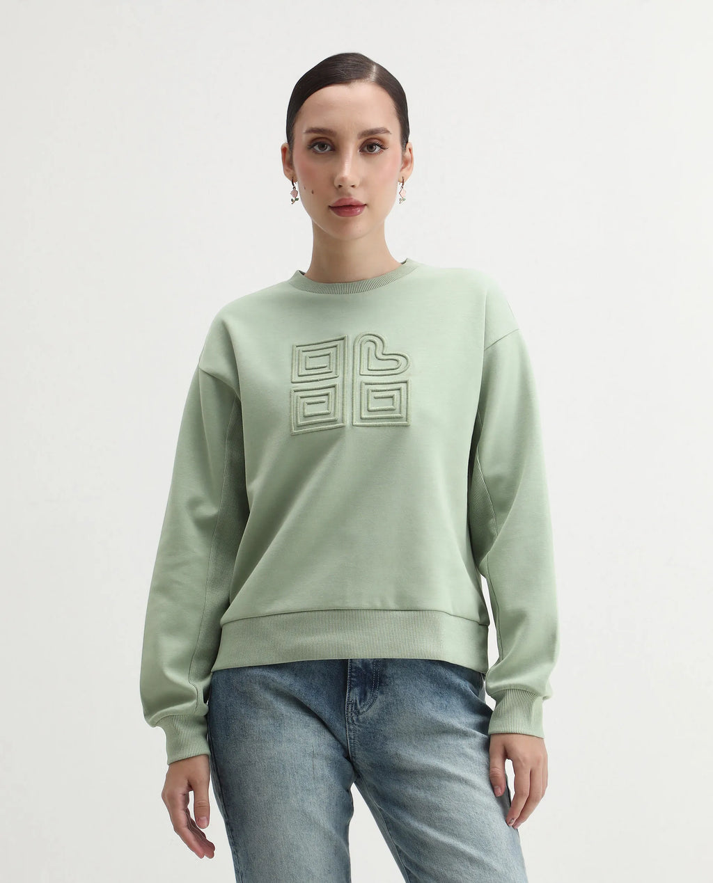 Rareism Women's Staz Light Green Cotton Blend Fabric Crew Neck Regular Fit Printed Sweatshirt